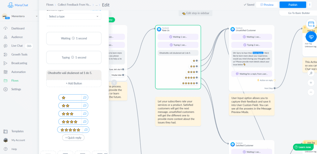 Jak vytvořit Messenger chatbota - Manychat hodnocení flow