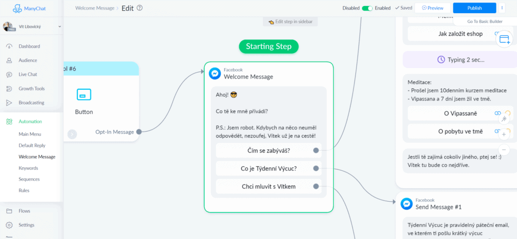 Jak vytvořit Messenger chatbota - Manychat introdashboard
